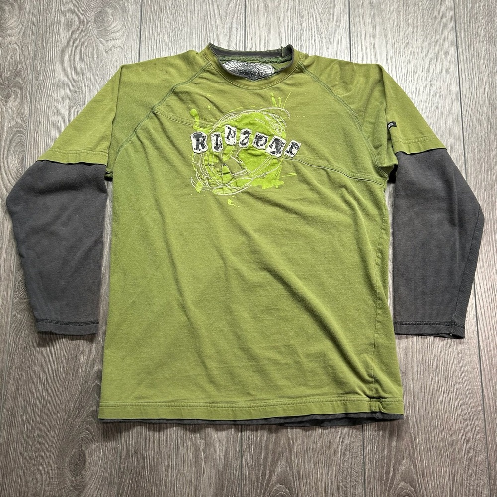 Ripzone Mens Y2K Layered Look Long Sleeve Small Graphic Shirt Green Grey Vintage